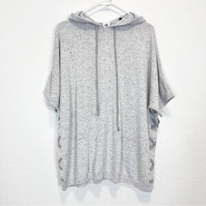 CAbi In Stitches Gray Speckled Short Sleeve Hooded Pullover Sweater Size XS